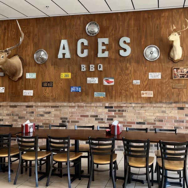 Interior of Ace's BBQ with wooden walls, deer mounts, license plates, and empty dining tables.