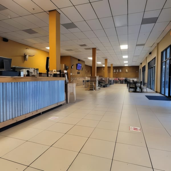 Interior of Ace's BBQ with a long counter, tiled floor, and empty dining area with tables and chairs.