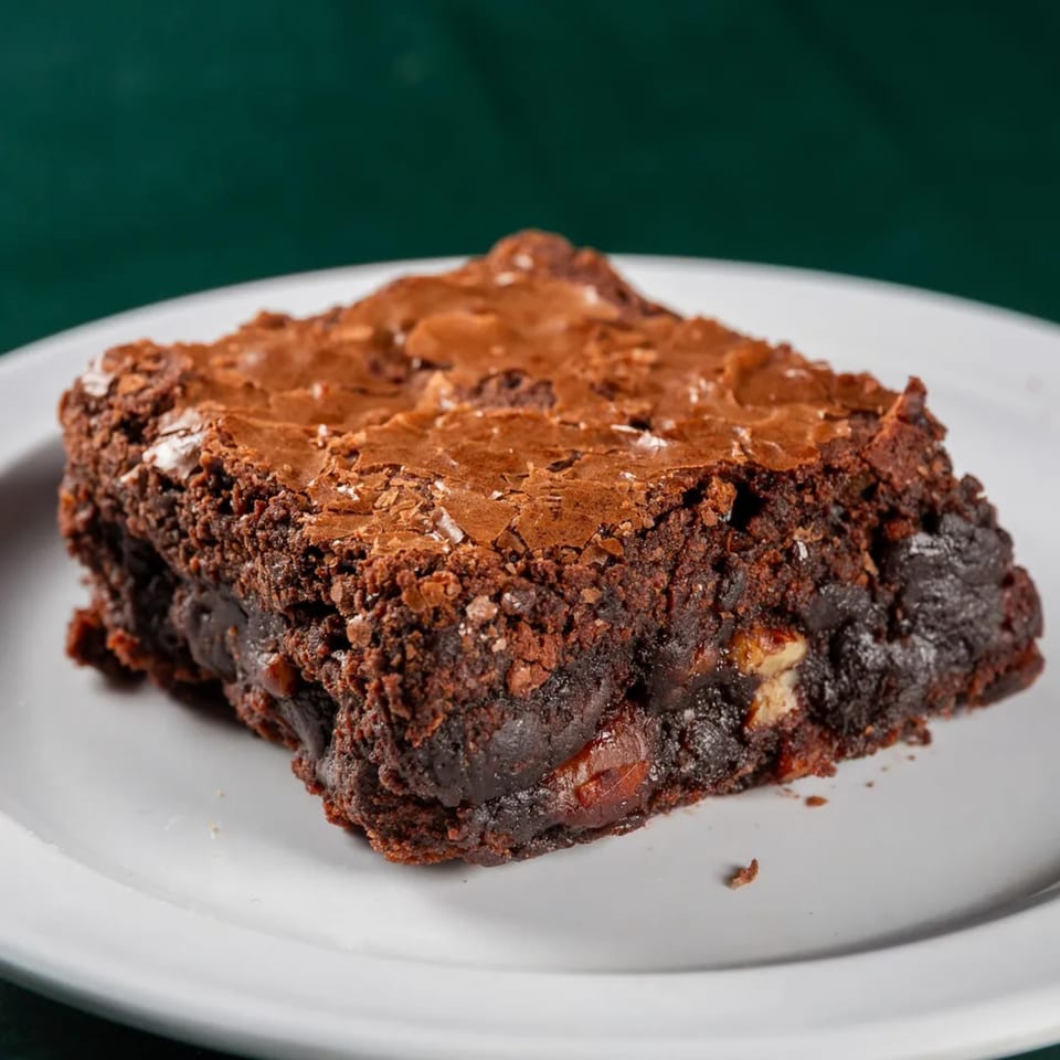 A rich, fudgy brownie with a crinkled top and chocolate chunks, served on a white plate.